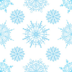 Seamless pattern with watercolor 
snowflakes. Christmas, Xmas,  new year holiday illustration for fabric textile, wrapping paper.