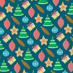 merry christmas pattern with vector christmas toys and gift