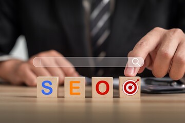 The term SEO on wooden blogs. SEO. Search engine optimization concepts, rankings and search...