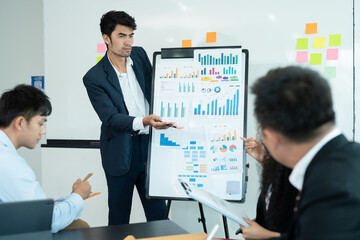 Group of asian business people working, discussing new projects together, having fun at the office.