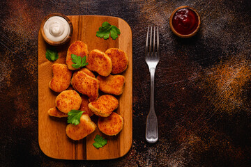Fried crispy chicken nuggets on a wooden serving board.