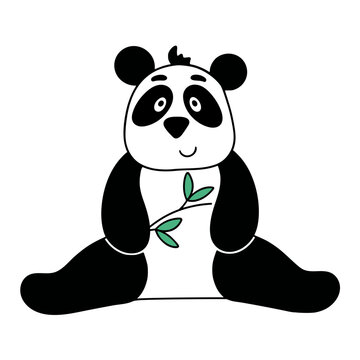 Cute panda with bamboo branch cartoon. Funny black and white bear sitting clip art. Baby character panda isolated vector illustration