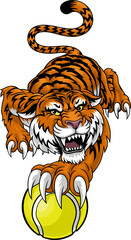 A tiger with a tennis ball sports team animal cartoon mascot