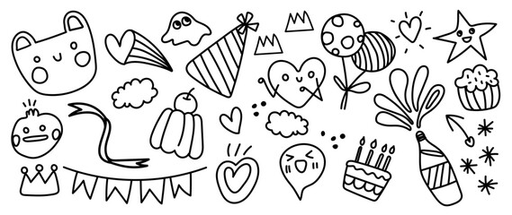 Cute doodle elements vector set. Hand drawn scribble doodle collection of party hat, ribbon, birthday cake, balloon, champaign, star isolated on white background. Design for sticker, comic, print.