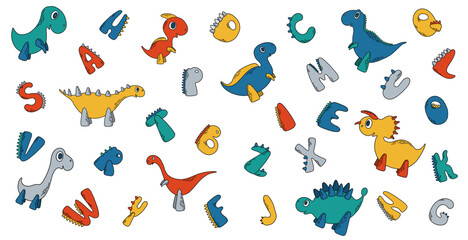 Dino collection with alphabet. Various dinosaur characters. Vector bright illustration.