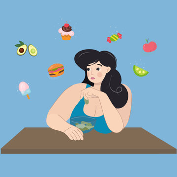 Cute curvy girl on a diet. A fat woman prefers lettuce leaves, although she dreams of other products. Healthy eating vs fast food concept. Diet and healthy nutrition. Vector cartoon flat illustrations