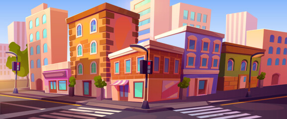 City crossroad, empty transport intersection with traffic lights, zebra, street signs, lamps. Summertime urban view, architecture, road infrastructure, buildings, trees, Cartoon vector illustration © klyaksun
