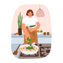 Woman cooks dinner at home.Girl cooking vegetarian dish with champignons mushrooms stewed in creamy sauce. Female with cooker and pan at kitchen. Flat vector illustration isolated on white background - obrazy, fototapety, plakaty