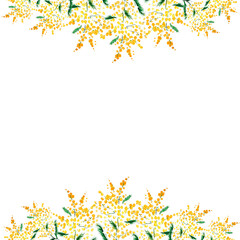 Spring floral frame made of hand-drawn mimosa flowers. Watercolor botanical background with silver acacia flowers. Template for postcards, invitations, decor.
