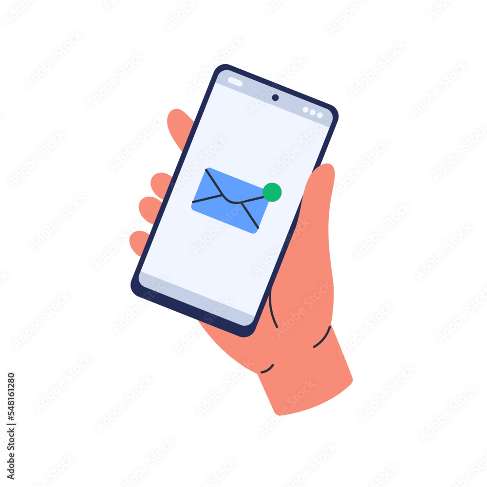Poster inbox mail in cell phone app. smartphone in hand with new message, unread letter. incoming email, re