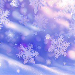 Fototapeta na wymiar Lilac and blue winter background with intricate snowflakes. Soft out of focus backdrop in elegant colors. Snow artwork. 
