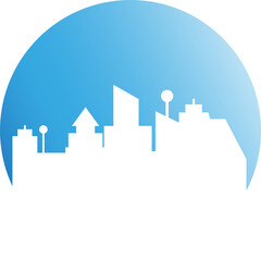 city tower building in blue circle button