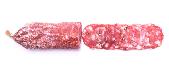 Sliced Smoked dry Salami sausage isolated on white background