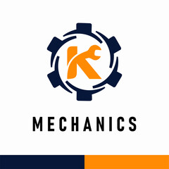 Initial K Letter with Gear and Wrench symbol for mechanic automotive repair business service logo template
