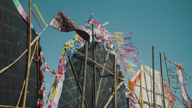 Handmade Giant KItes Se To Fly During D&iacute;a de Los Muertos Celebration In Sumpango, Guatemala. Low Angle
