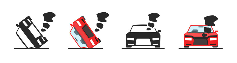 Broken car crash accident icon pictogram vector or auto vehicle breakdown damage collision graphic red black isolated illustration, break down automobile dump disaster crush smoke minimal simple glyph