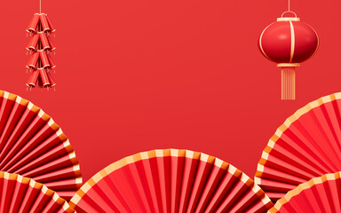 Red Spring Festival theme scene, red fans and firecrackers, 3d rendering.