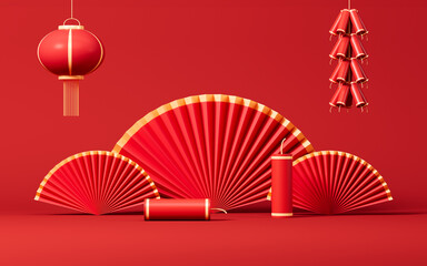 Red Spring Festival theme scene, red fans and firecrackers, 3d rendering.