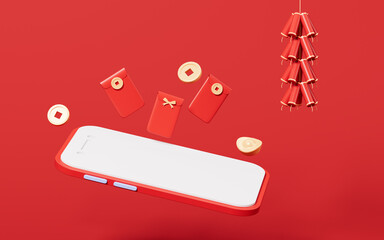 Red-envelope and mobile phone, Electronic red-envelope and new Year theme, 3d rendering. - obrazy, fototapety, plakaty