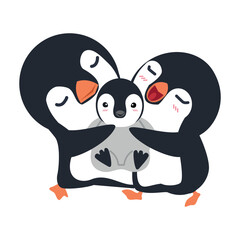 Cute Happy Penguins Couple hug baby