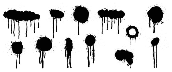 Spray painted texture vector set. Black paint splatter dots, graffiti, dripping, spray paint circle and cloud splat spot grunge on white background. Design for sticker, decoration, street art. 