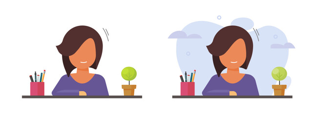 Woman teacher sitting on table desk vector or secretary reception smiling young girl portrait flat cartoon graphic illustration clipart, person character sit in office desktop modern design image