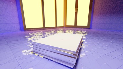Blank blue display on blue background with minimal style and spot light. Blank paper for showing product. 3D rendering.