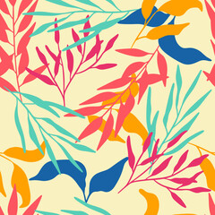 Fototapeta na wymiar Tropical Modern Abstract Colorful Palm Leaves and Branches Seamless Pattern