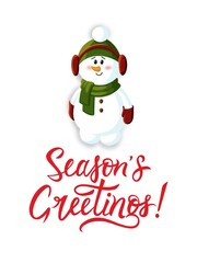 Fototapeta na wymiar Funny Christmas snowman in hat and scarf postcard