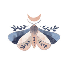 Celestial butterfly illustration. Mystical luna moth with moon phases. Magic floral insect. Design for boho poster, card, madical t shirt print, tag, sticker.