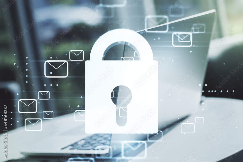 Poster double exposure of creative lock hologram with email symbols on laptop background. information secur