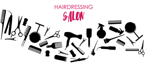 Vector image of a hairdressing salon signboard on the background of professional tools. The concept of a beauty salon, haircuts and self-care. A banner for the site.