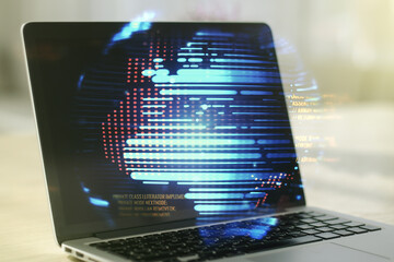 Multi exposure of abstract programming language hologram with world map on computer background, artificial intelligence and neural networks concept