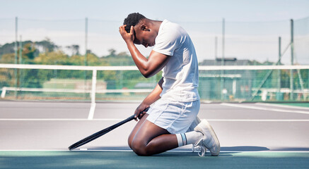 Tennis court, mistake and black man with depression, stress and mental health problem of anxiety after sports training, workout and exercise. Athlete model sad after loss, failure and burnout outdoor - obrazy, fototapety, plakaty