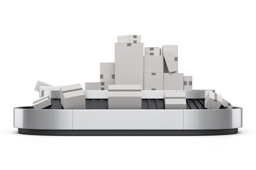 Airport conveyor belt or baggage claim area with cardboard boxes or cartons
