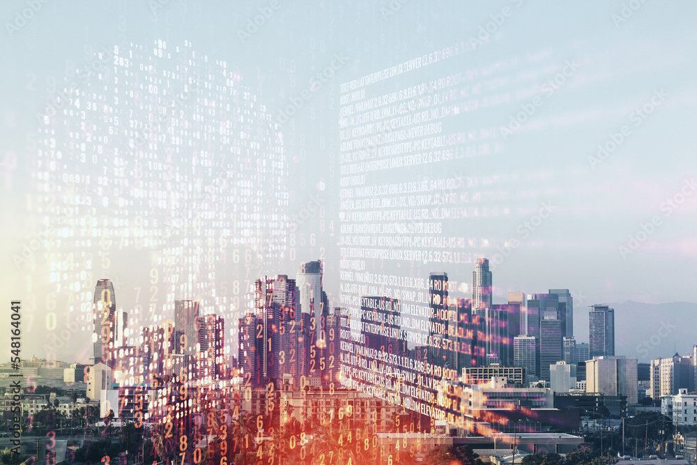 Poster abstract virtual code skull hologram on los angeles cityscape background, cybercrime and hacking con