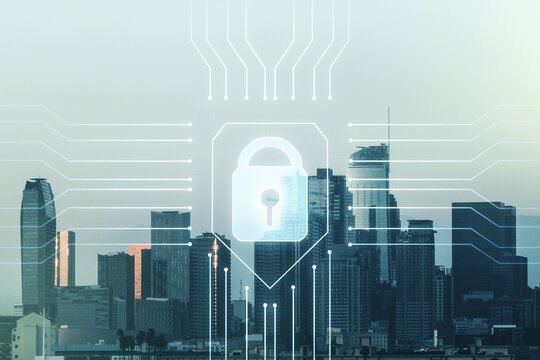 Virtual creative lock illustration with microcircuit on Los Angeles cityscape background, cyber security concept. Multiexposure