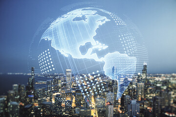 Double exposure of graphic America map hologram on Chicago office buildings background, big data...