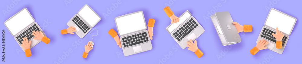 Poster top view 3d render laptop and hands, human arms working on computer keyboard with mouse, closed and 