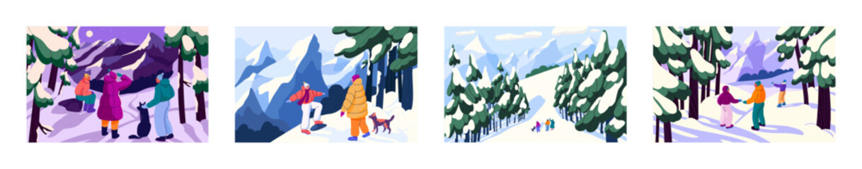Obraz na płótnie Canvas People in winter forests set. Families, friends, couples walking, hiking in frost, cold weather landscapes. Characters in wood, relaxing outdoors at leisure, on holiday. Flat vector illustrations
