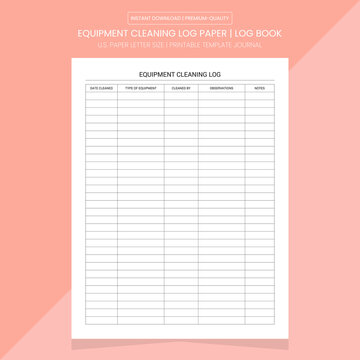 Equipment Cleaning Log | Equipment Cleaning Diary Journal | Notebook Printable Template 
