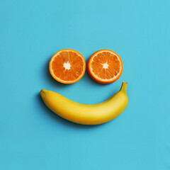 Creative, happy face banana and orange summer background