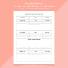 Equipment Maintenance Log Paper Diary Journal | Equipment Maintenance Notebook Printable Template