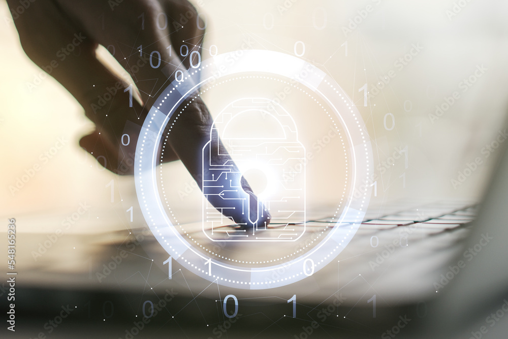 Aufkleber Creative lock illustration with microcircuit and hands typing on computer keyboard on background, cyber security concept. Multiexposure