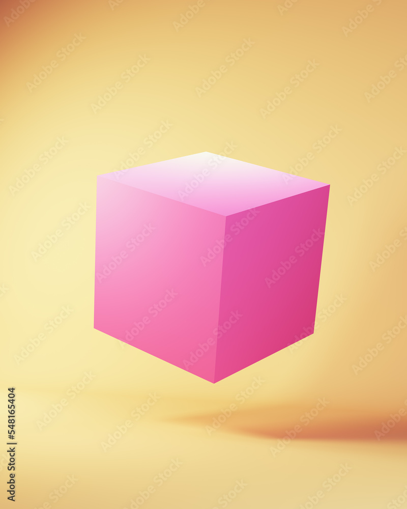 Poster pink cube box geometric shape structure face polygon geometry simple floating mid-air 3d illustratio