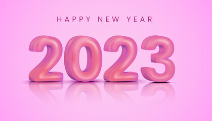 Happy new year background with realistic 3d vector number 2023 in pink color