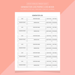 Generator Log Book | Generator Notebook Printable Template | Generator Log Diary Journal