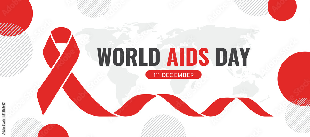 Poster world aids day - red ribbon waving sign on world map and red circle stripe texture background vector