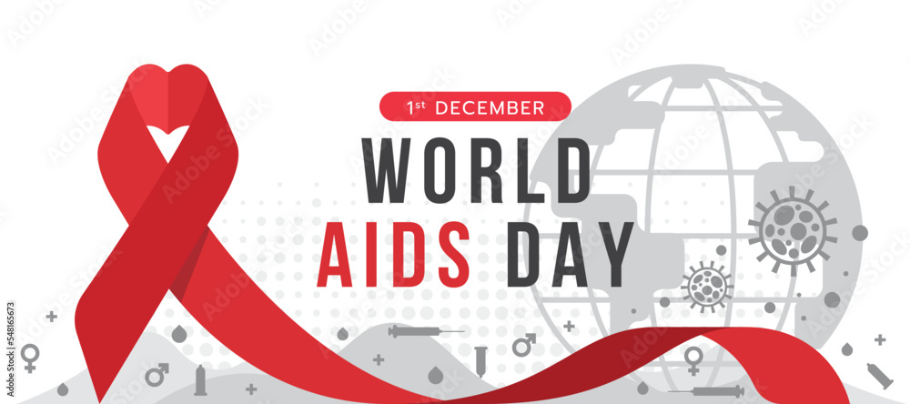 Poster world aids day - red ribbon with heart shape and icon about aids around on floor and globe backgroun