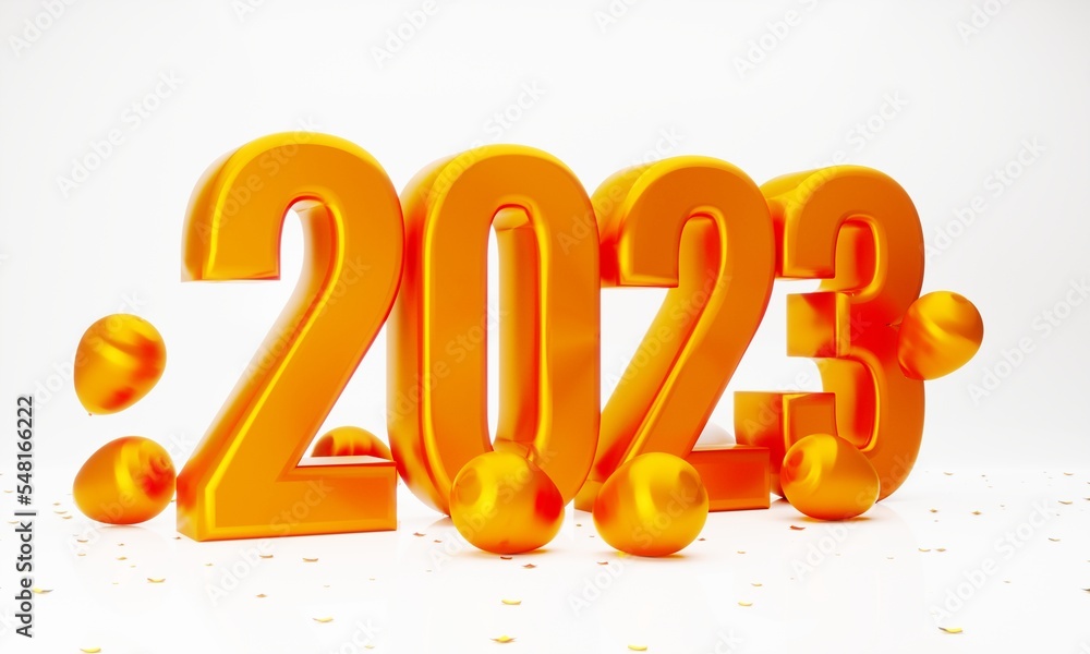 Poster 3d rendering 2023 new year with balloon and confetti on white background